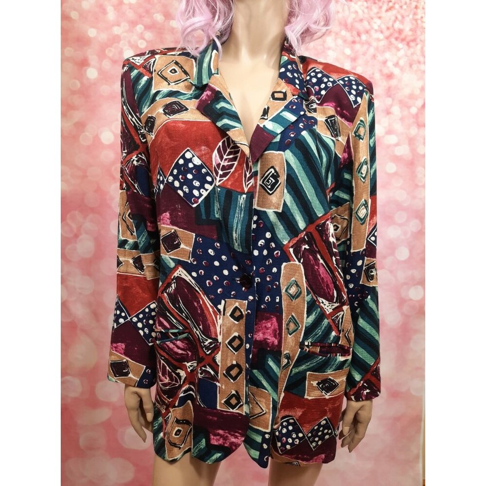 Vintage 80s Funky Tribal Print Oversized Blazer Womens Size M Rayon